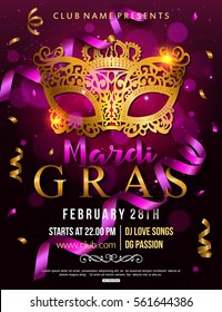 Mardi Gras party flyer design with carnival mask. Vector illustration