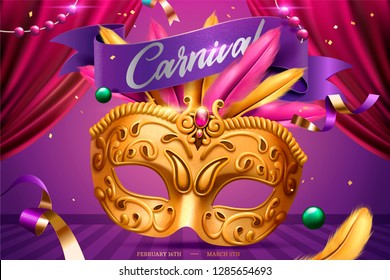 Mardi gras party with golden mask and feather in 3d illustration, stage background