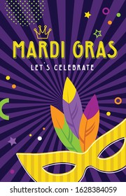 Mardi Gras party greeting card set or invitations. Carnival background for traditional holiday or festival with masks and traditional items