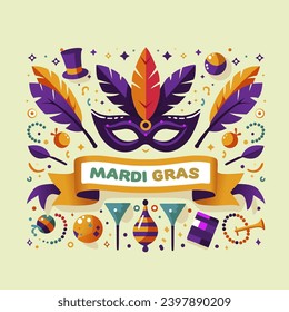 Tarjeta de saludo del partido Mardi Gras. Antecedentes de carnaval para festividades tradicionales o festividades con vector de doodle.