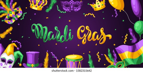 Mardi Gras party greeting or invitation card. Carnival background for traditional holiday or festival.