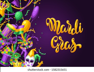 Mardi Gras party greeting or invitation card. Carnival background for traditional holiday or festival.