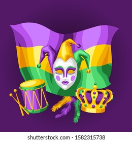 Mardi Gras party greeting or invitation card. Carnival background for traditional holiday or festival.