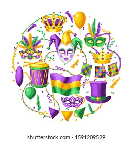 Mardi Gras party greeting or invitation card. Carnival background for traditional holiday or festival.