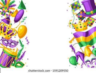 Mardi Gras party greeting or invitation card. Carnival background for traditional holiday or festival.