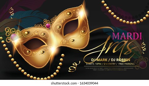 Mardi Gras party greeting or invitation card. Carnival background for traditional holiday