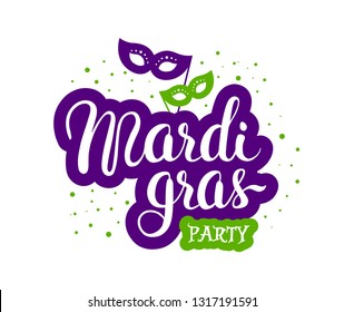 Mardi gras party handwritten lettering with carnival masks. Template design for poster, banner, greeting card