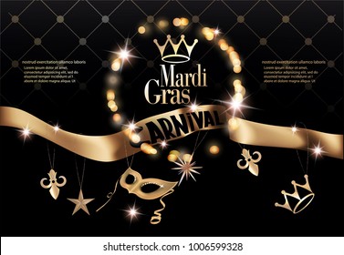 Mardi gras party invitation card with long gold ribbon with deco objects. Vector illustration