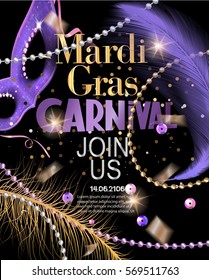 Mardi Gras Party invitation card with flying feathers,confetti, beads, sequins and carnival mask. Vector illustration