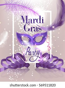 Mardi Gras Party invitation card with flying feathers,curly ribbons and carnival mask. Vector illustration