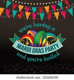 Mardi Gras party invitation design Royalty free EPS 10 vector stock illustration for parties, celebrations, carnival, parade, ad, marketing, poster, design, blog, article, invitation, social media