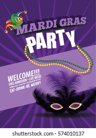 Mardi Gras party jester hat, beads and feathered mask design background. Poster, ad or invitation for Fat Tuesday celebration. EPS 10 vector.