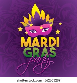 Mardi Gras Party Logo Poster Karneval Art Einladung Dekoration Maske und Augen, Sterne Kalligrafie und Typografie Card. Holiday Postcard flyer Platine Vorlage Super Hintergrund Vektorgrafik