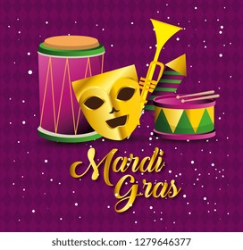 mardi gras with party mask and instruments