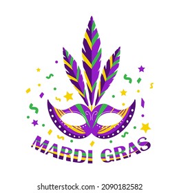 Mardi Gras Party Mask Poster. Mask with feathers isolated on white background. Carnival masquerade template for your design. Vector illustration