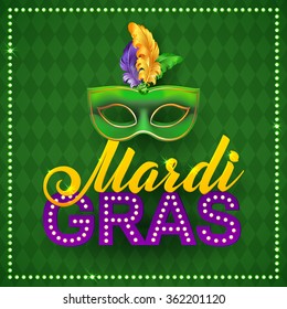 Mardi Gras Party Mask Poster. Calligraphy and Typography Card. Lights and Feathers. Holiday poster or placard template