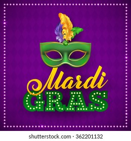 Mardi Gras Party Maske Poster. Kalligrafie und Typografie-Karte. Lichter und Federn. Weihnachtsplaner oder Plakatvorlage