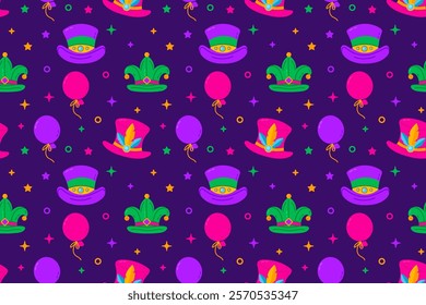 Mardi Gras Party Pattern with Hats and Balloons. Seamless festive pattern with hats, balloons, and vibrant carnival elements on a purple background