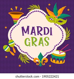 Mardi Gras Party Poster. Kalligrafie und Typografie-Karte. Beads Tassels und Fleur De Lis Symbol. Weihnachtsplaner oder Plakatvorlage