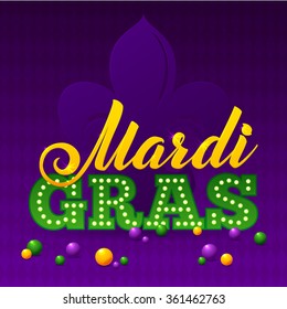 Mardi Gras Party Poster. Calligraphy and Typography Card. Beads and Fleur De Lis Symbol. Holiday poster or placard template