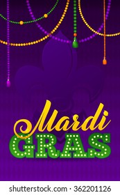 Mardi Gras Party Poster. Calligraphy and Typography Card. Beads Tassels and Fleur De Lis Symbol.  Holiday poster or placard template