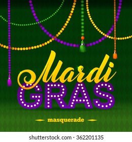 Mardi Gras Party Poster. Calligraphy and Typography Card. Beads Tassels and Fleur De Lis Symbol.  Holiday poster or placard template