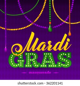 Afiche del partido Mardi Gras. Tarjeta caligráfica y tipográfica. Beads Taselas y símbolo Fleur De Lis. Plantilla de afiches o carteles de vacaciones