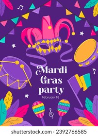 Mardi Gras party poster. Card, invitation template for masquerade carnival, festival. Venetian facial mask, drum, maracas, feathers. Flat vector illustration on purple background. Clipping mask