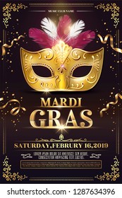 Mardi Gras party poster design with golden mask in 3d illustration