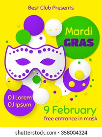 Mardi Gras party poster design. Template of invitation, flyer, poster or greeting card. Carnival mask with beads. Vector illustration.