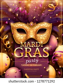 Mardi gras party poster with golden mask and confetti decorations in 3d illustration