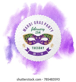 Mardi Gras party round paper emblem with bright carnival mask over watercolor background