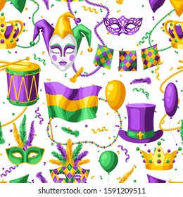 Mardi Gras party seamless pattern. Carnival background for traditional holiday or festival.