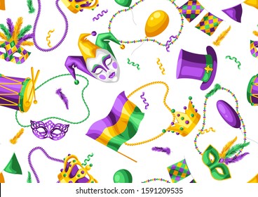 Mardi Gras party seamless pattern. Carnival background for traditional holiday or festival.