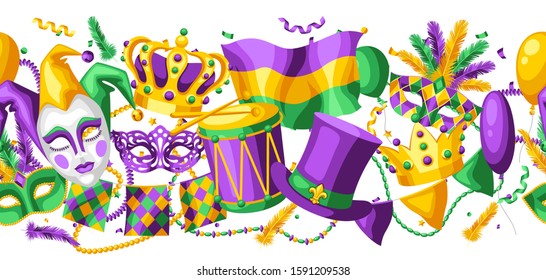 Mardi Gras party seamless pattern. Carnival background for traditional holiday or festival.