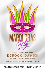 Mardi Gras party template design with illustration of party mask on glossy white background.