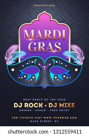 Mardi Gras party template or flyer design with party mask illustration on black background.