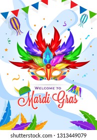 Mardi Gras party template or invitation card design with colorful party mask on abstract background.
