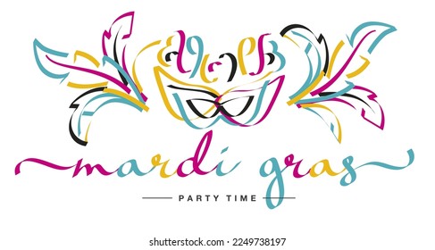 Mardi Gras party time banner design. Handwritten colorful ribbon shape text and mask with plumage illustration isolated on white background