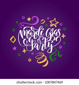 Mardi Gras Party vector hand lettering. Festive pattern background of Shrove Tuesday. Used for Fat Tuesday poster, invitation, greeting card.