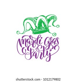 Mardi Gras Party vector hand lettering. Shrove Tuesday illustration for greeting card, poster, invitation with Jester Hat drawing. Carnival background of Fat Tuesday.