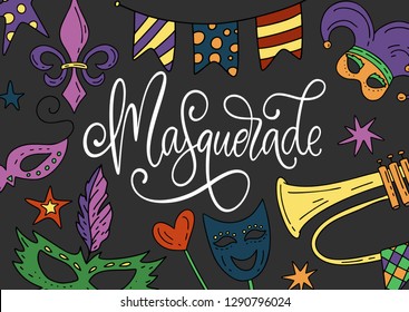 Mardi gras party vector illustration. Carnival card with doodle illustration and lettering quote. Masquerade poster.