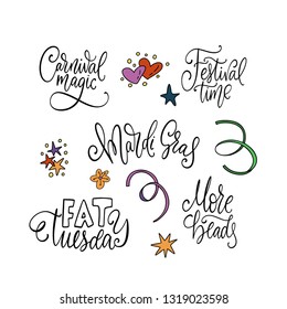 Mardi gras party vector illustration. Carnival lettering quotes with masquerade doodle elements. Big greeting set.