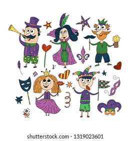 Mardi gras party vector illustration. Carnival card with doodle illustration and lettering quote. Family at the masquerade.