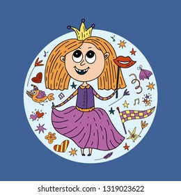 Mardi gras party vector illustration. Carnival and birthday card with doodle illustration and lettering quote. Girl in princess costume. Round greeting card.