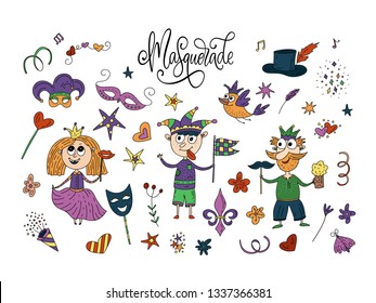Mardi gras party vector illustration. Carnival card with doodle charaster illustrations masquerade symbols, and lettering quote. Big icon set.