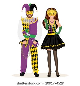 Mardi Gras party. Mardi Gras vector illustration with the image of the girl and young man in a carnival costume.