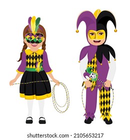 Mardi Gras party. Mardi Gras vector illustration with the image of the children in a carnival costumes. A boy and a girl.