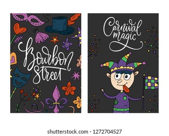 Mardi Gras Party Vector Illustrations. Carnival Cards With Doodle Illustration And Lettering Quote. Bourbon Street. Jester Boy Poster.