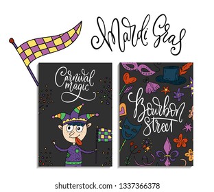 Mardi Gras Party Vector Illustrations. Carnival Cards With Doodle Illustration And Lettering Quote. Bourbon Street. Jester Boy Poster.